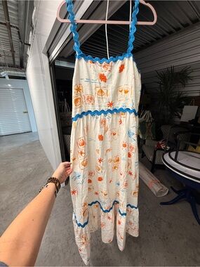 CeCe Cream Midi Dress with Blue Trim and Orange Print